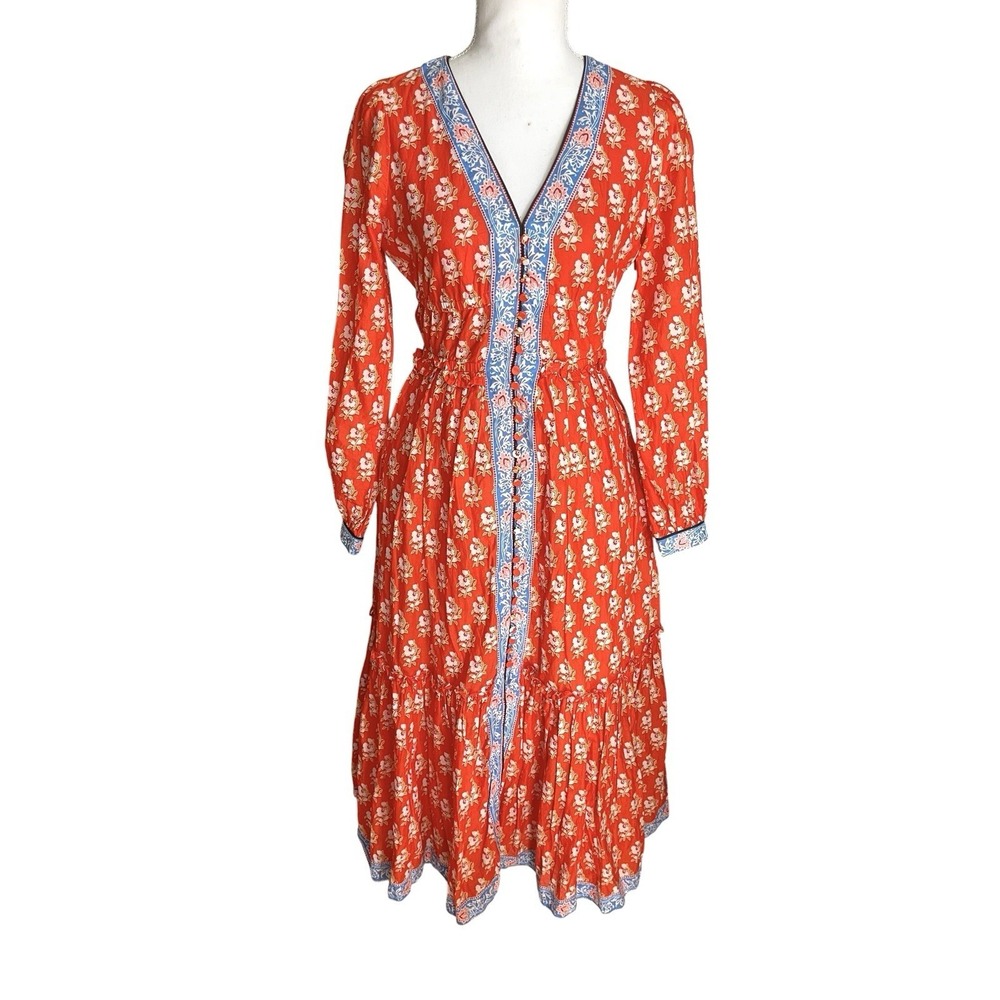 J.Crew 100% Cotton Tiered Floral Midi Dress Cerise Cove Sz 00 Resort Vacation - Picture 9 of 16